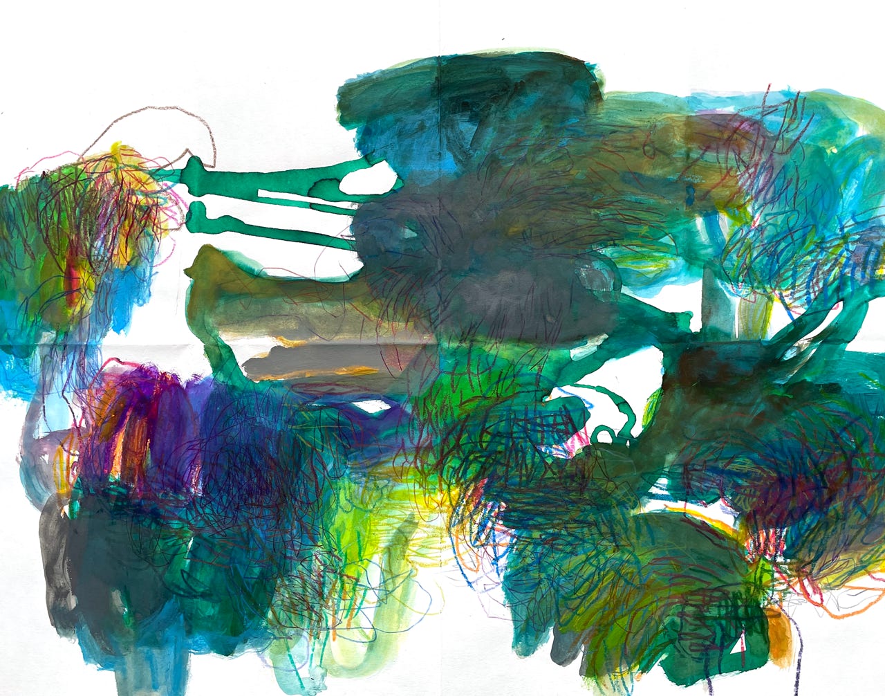Peinture abstraite, acrylique encre, crayon sur papier, monotypie, pliage format 70 x 50 cm, 2023