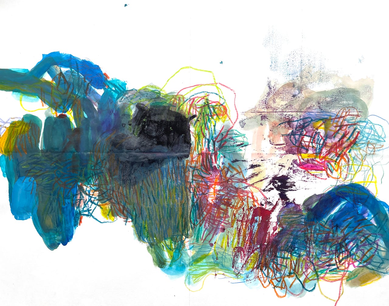 Peinture abstraite, acrylique encre, crayon sur papier, monotypie, pliage format 70 x 50 cm, 2023
